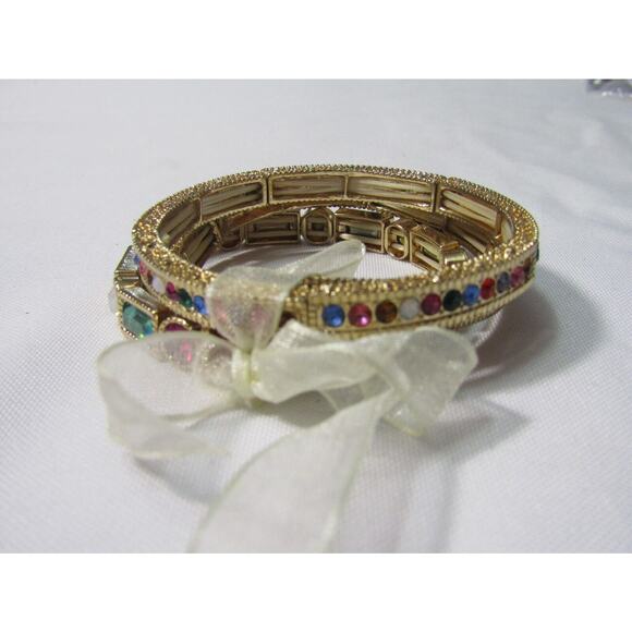 Multi Color Gold Tone Bead Stretch Bracelet Set 6" Wristlet Boho Quite Luxury - Picture 4 of 8